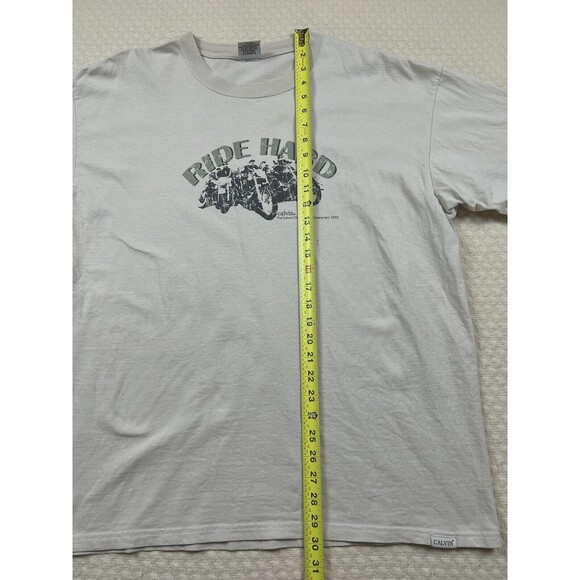 90s Calvin Klein Ride Hard Shirt Short Sleeve Tee Motorcycle | Cream | Size XL - Picture 8 of 10